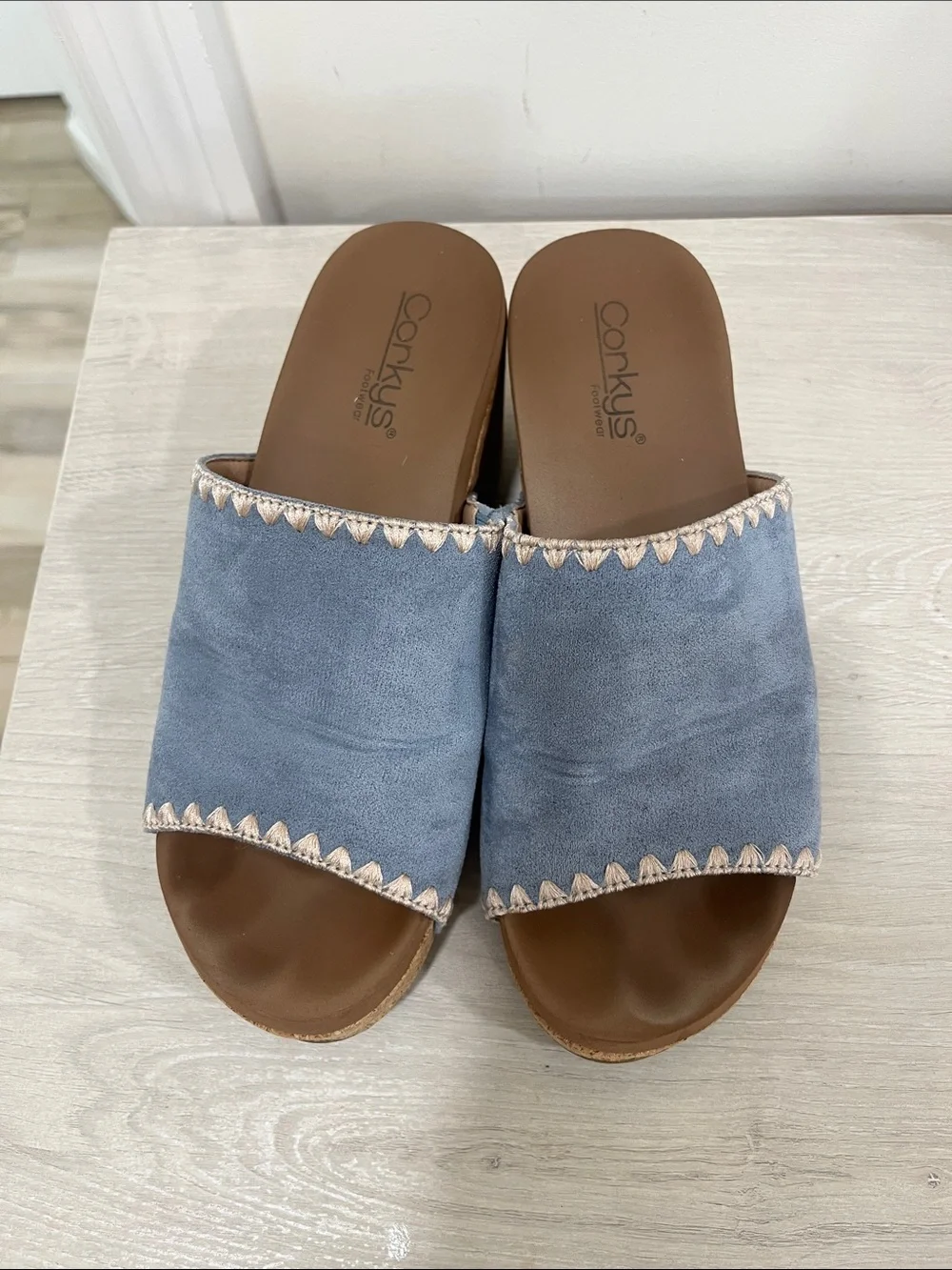 Corkys Powder Blue Suede Slide Mules - Picture 1 of 3